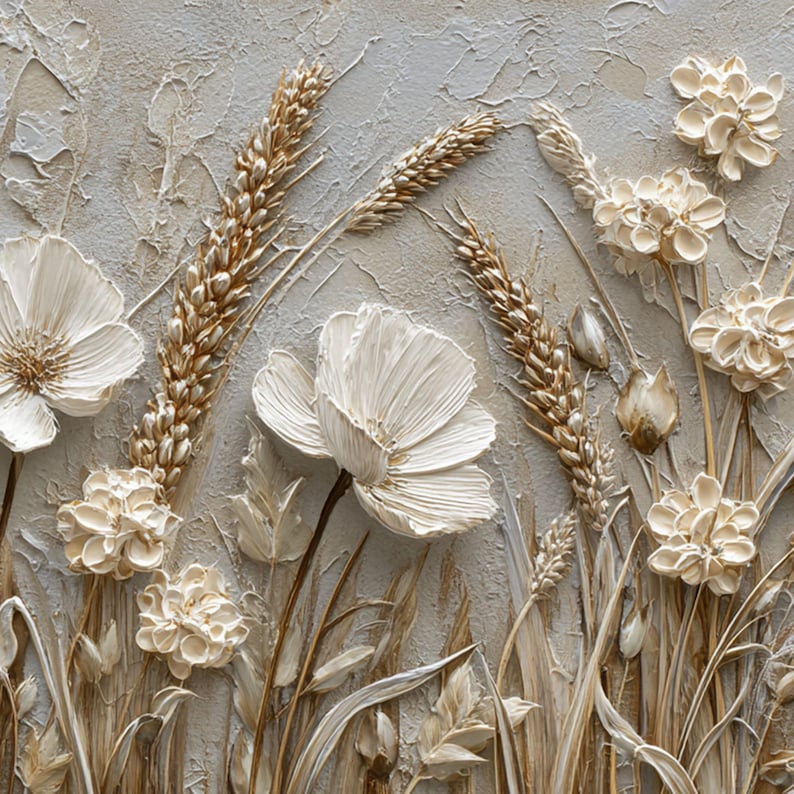 Abstract 3D Flower Wall Art, White Floral Wall Art, Textured Wildflower Painting,Neutral Impasto Wheat Field,Large Panoramic Art for Bedroom