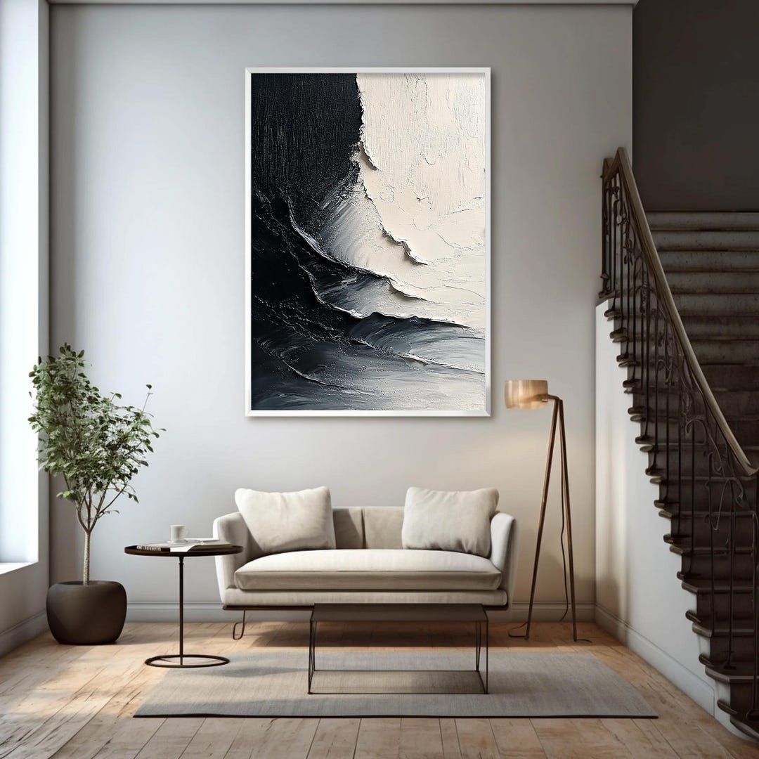 Textured Black and White Abstract Oil Painting, Modern Minimalist Art ...