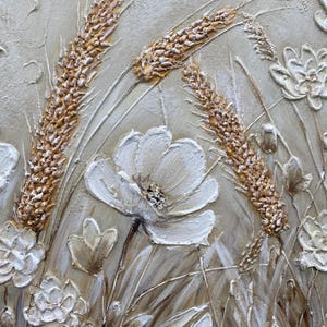 Abstract 3D Flower Wall Art, White Floral Wall Art, Textured Wildflower Painting,Neutral Impasto Wheat Field,Large Panoramic Art for Bedroom image 12