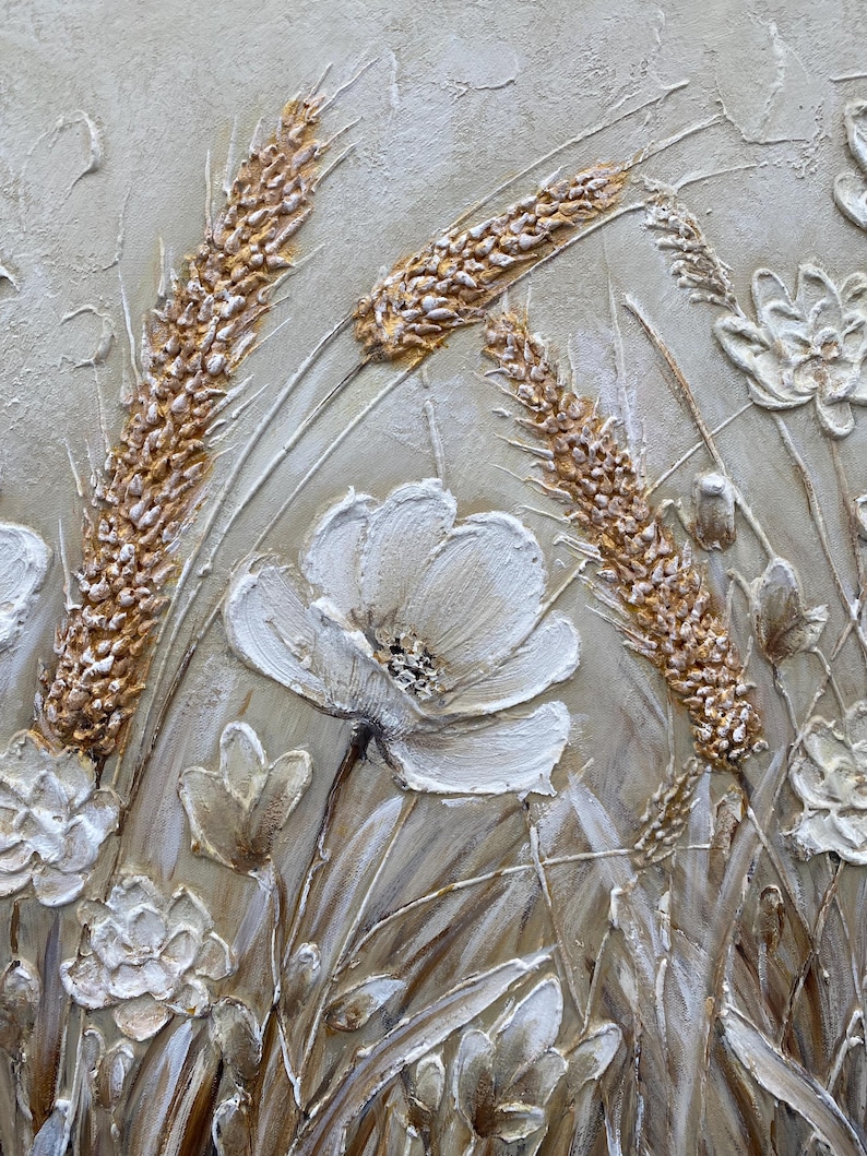 Abstract 3D Flower Wall Art, White Floral Wall Art, Textured Wildflower Painting,Neutral Impasto Wheat Field,Large Panoramic Art for Bedroom image 12