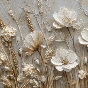 Abstract 3D Flower Wall Art, White Floral Wall Art, Textured Wildflower Painting,Neutral Impasto Wheat Field,Large Panoramic Art for Bedroom