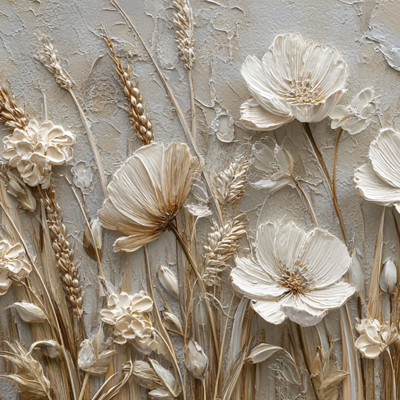 Abstract 3D Flower Wall Art, White Floral Wall Art, Textured Wildflower Painting,Neutral Impasto Wheat Field,Large Panoramic Art for Bedroom