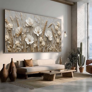 Abstract 3D Flower Wall Art, White Floral Wall Art, Textured Wildflower Painting,Neutral Impasto Wheat Field,Large Panoramic Art for Bedroom