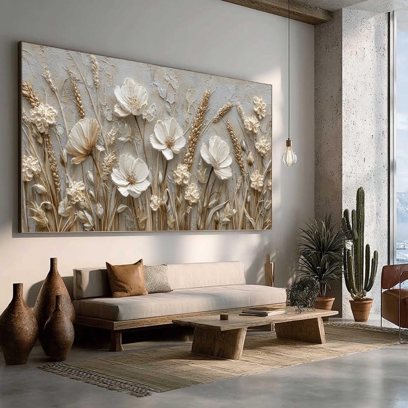 Abstract 3D Flower Wall Art, White Floral Wall Art, Textured Wildflower Painting,Neutral Impasto Wheat Field,Large Panoramic Art for Bedroom