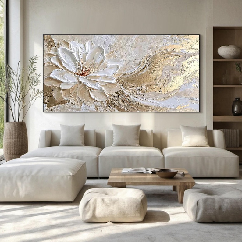 3D White Flower Painting Gold Leaf Textured Wall Art, Large Abstract ...