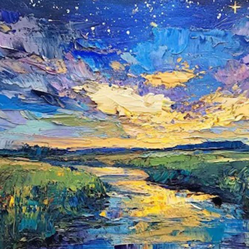Hand-painted Starry Night Sky Oil Painting, Rural Landscape Canvas Art ...