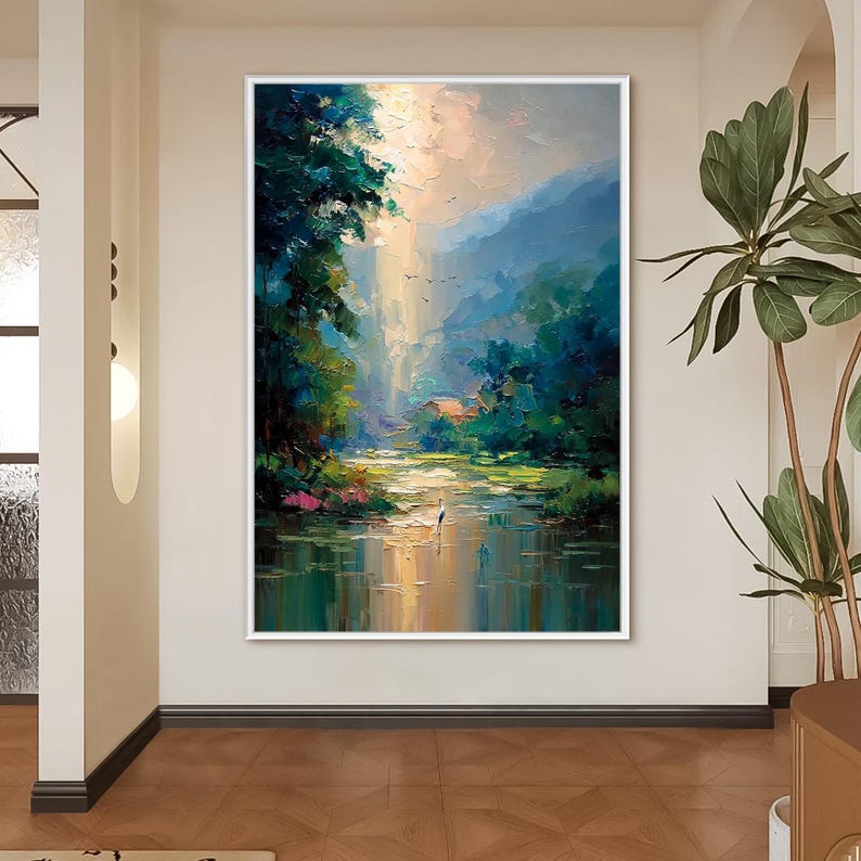 Impasto Forest Path Oil Painting | Textured Teal Woodland Landscape ...