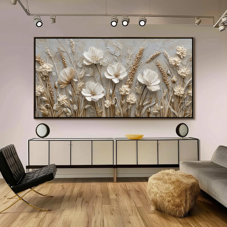 Abstract 3D Flower Wall Art, White Floral Wall Art, Textured Wildflower Painting,Neutral Impasto Wheat Field,Large Panoramic Art for Bedroom