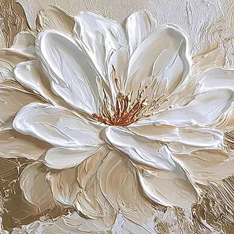 3D White Flower Painting Gold Leaf Textured Wall Art, Large Abstract ...