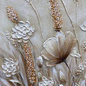 Abstract 3D Flower Wall Art, White Floral Wall Art, Textured Wildflower Painting,Neutral Impasto Wheat Field,Large Panoramic Art for Bedroom image 11