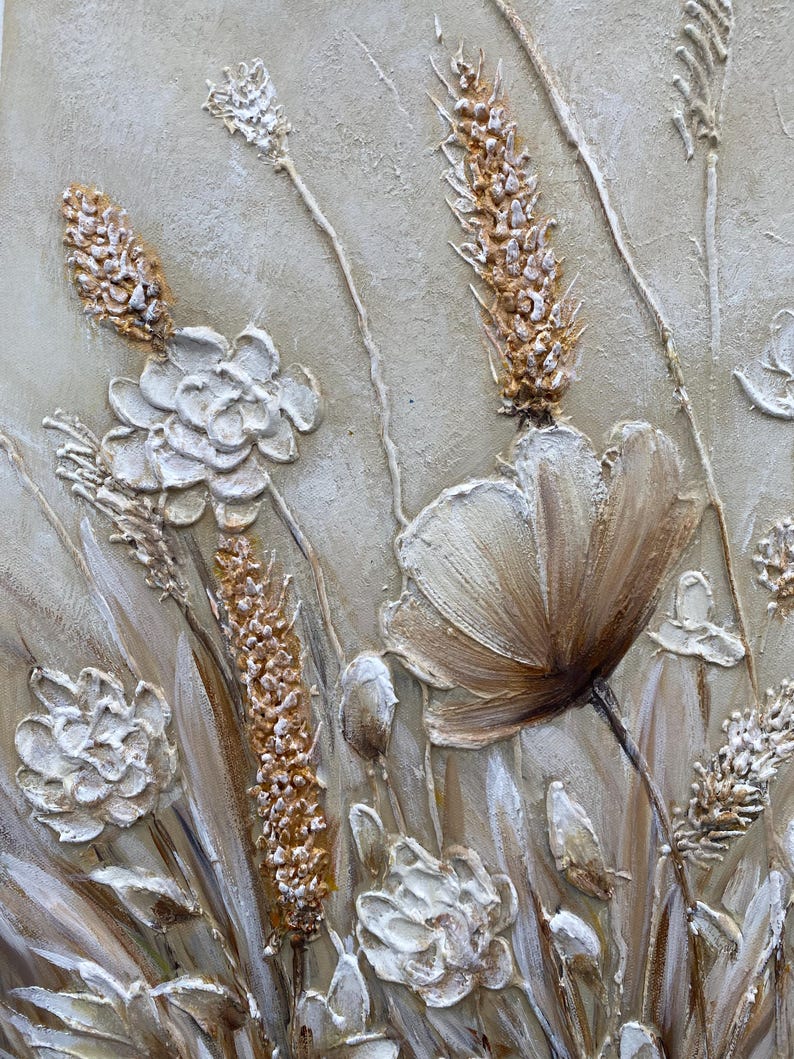 Abstract 3D Flower Wall Art, White Floral Wall Art, Textured Wildflower Painting,Neutral Impasto Wheat Field,Large Panoramic Art for Bedroom image 11