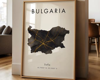 Bulgaria Map PRINTED Poster | Black and Gold | Europe | Wall Art Print | Home Decor | Geography Map Gift | Wallpaper