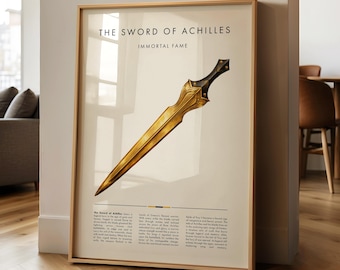 May include: A framed print featuring a golden sword illustration with a black handle. The text "THE SWORD OF ACHILLES" and "IMMORTAL FAME" are displayed above the sword. Below the sword is a block of text. The frame is a light brown color.