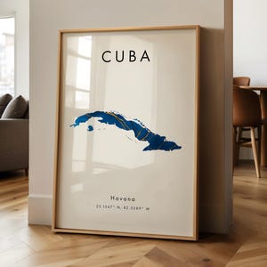 IMPRIMÉ de carte de Cuba | Bleu et or | Amérique du Nord | Impression d'art mural | Décoration d'intérieur | Carte géographique en cadeau | Papier peint