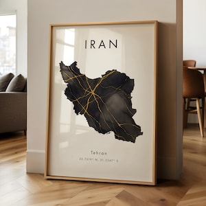 Mappa dell'Iran STAMPATA Poster / Nero e oro / Asia / Stampa artistica da parete / Arredamento per la casa / Regalo con mappa geografica / Carta da parati