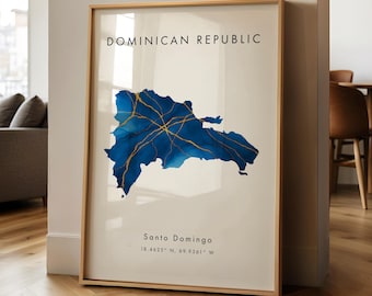 Dominican Republic Map PRINTED Poster | Blue and Gold | North America | Wall Art Print | Home Decor | Geography Map Gift | Wallpaper