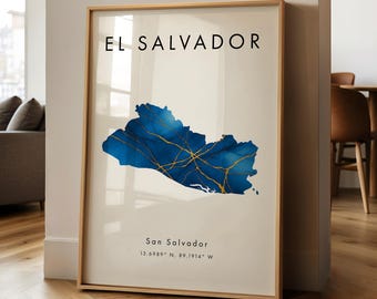 Carte du Salvador IMPRIMÉ | Bleu et or | Amérique du Nord | Cadeau Géographie | Papier peint