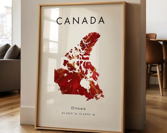 Canada Map PRINTED Poster | Red and Gold | North America | Wall Art Print | Home Decor | Geography Map Gift | Wallpaper