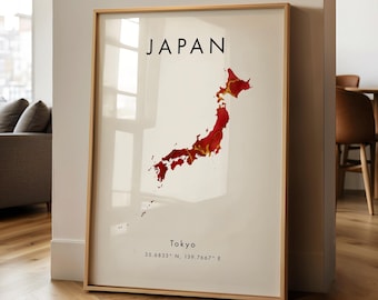 Poster stampato con mappa del Giappone / Rosso e oro / Asia / Stampa artistica da parete / Arredamento per la casa / Mappa geografica / Regalo / Carta da parati