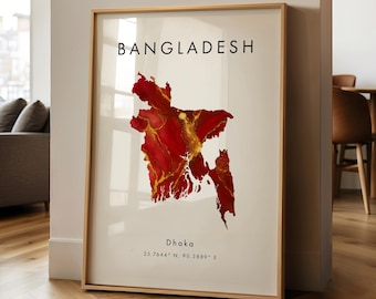 Bangladesh Map PRINTED Poster | Red and Gold | Asia | Wall Art Print | Home Decor | Geography Map | Gift | Wallpaper