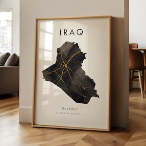 Iraq Map PRINTED Poster | Black and Gold | Asia | Wall Art Print | Home Decor | Geography Map Gift | Wallpaper