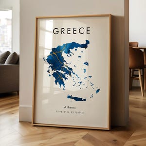 Greece Map PRINTED Poster | Blue and Gold | Europe | Wall Art Print | Home Decor | Geography Map Gift | Wallpaper