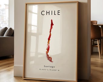 Chile Karte GEDRUCKT Poster | Rot und Gold | Südamerika | Wand Kunst Druck | Wohnkultur | Geographie Karte Geschenk | Tapete