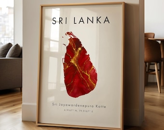 Póster impreso con el mapa de Sri Lanka, rojo y dorado, Asia, arte mural, decoración del hogar, mapa geográfico, regalo, papel tapiz.