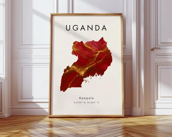 Kaart van Oeganda digitale poster | Rood en goud | Afrika | Muurkunstafdruk | Woondecoraties | Geografiekaart cadeau | Achtergrond: