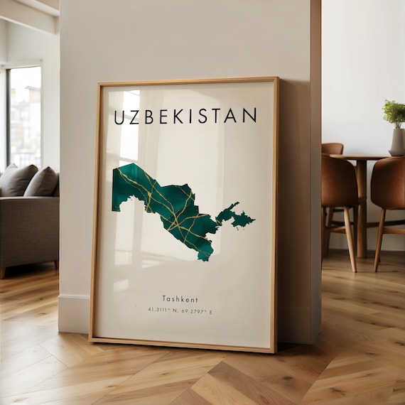 Uzbekistan Map PRINTED Poster | Green and Gold | Asia | Wall Art Print | Home Decor | Geography Map Gift | Wallpaper