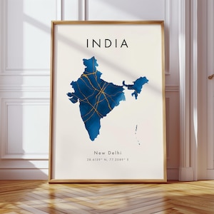 India Map DIGITAL Poster | Blue and Gold | Asia | Wall Art Print | Home Decor | Geography Map | Gift | Wallpaper