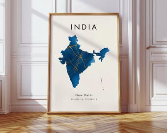 Póster digital del mapa de la India, azul y dorado, Asia, impresión de arte mural, decoración del hogar, mapa geográfico, regalo, papel tapiz