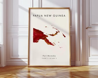 Póster digital del mapa de Papúa Nueva Guinea / Rojo y dorado / Oceanía / Impresión de arte mural / Decoración del hogar / Regalo de mapa geográfico / Papel tapiz