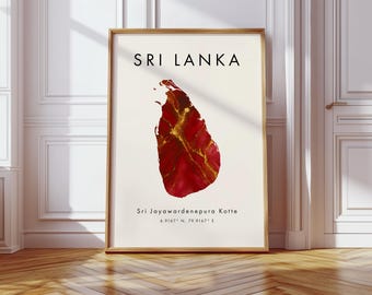 Póster digital del mapa de Sri Lanka / Rojo y dorado / Asia / Impresión de arte mural / Decoración del hogar / Regalo de mapa geográfico / Papel tapiz