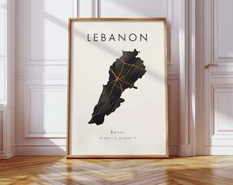 Lebanon Map DIGITAL Poster | Black and Gold | Asia | Wall Art Print | Home Decor | Geography Map Gift | Wallpaper