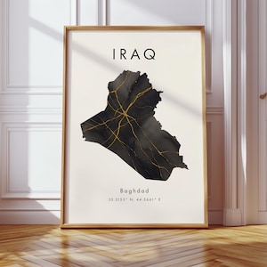 Iraq Map DIGITAL Poster | Black and Gold | Asia | Wall Art Print | Home Decor | Geography Map Gift | Wallpaper
