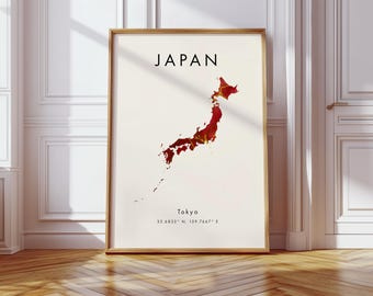 Japan Map DIGITAL Poster | Red and Gold | Asia | Wall Art Print | Home Decor | Geography Map | Gift | Wallpaper