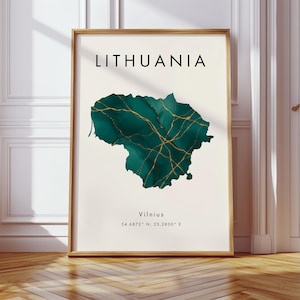 May include: Framed art print featuring the word "LITHUANIA" above a teal and gold map of Lithuania. The city of Vilnius and its coordinates are printed below the map. The print is in a wooden frame.
