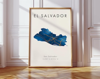 Carte du Salvador affiche NUMÉRIQUE | Bleu et or | Amérique du Nord | Cadeau Géographie | Papier peint