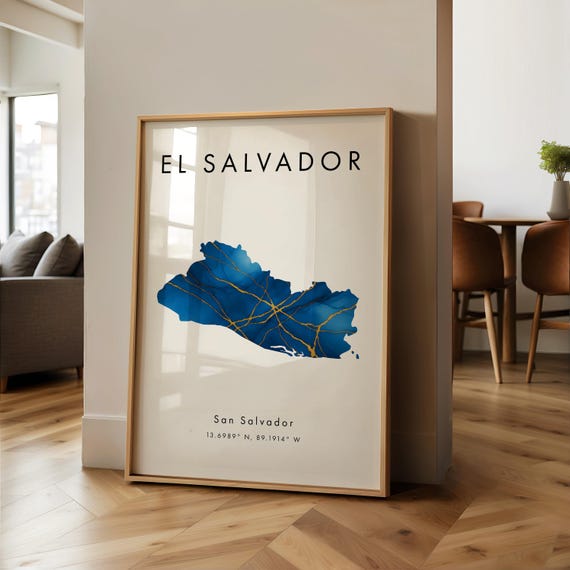 El Salvador Map PRINTED Poster | Blue and Gold | North America | Geography Gift | Wallpaper