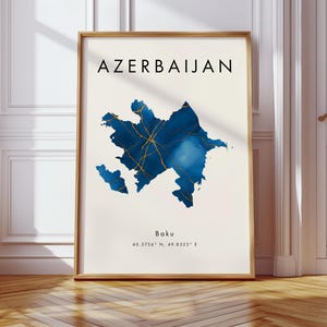 Azerbaijan Map DIGITAL Poster | Blue and Gold | Europe | Wall Art Print | Home Decor | Geography Map Gift | Wallpaper