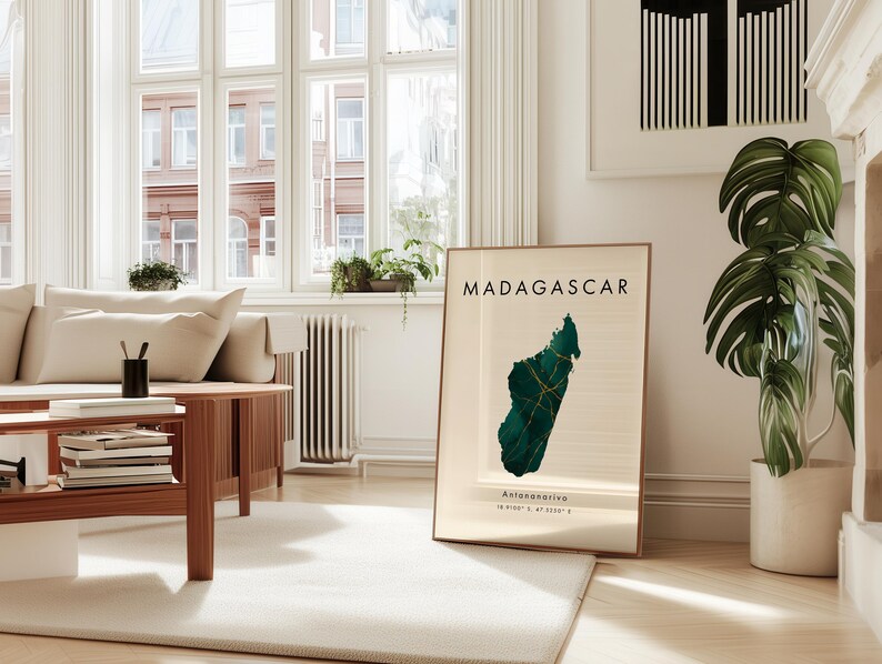 Madagascar Map DIGITAL Poster | Green and Gold | Africa | Wall Art ...