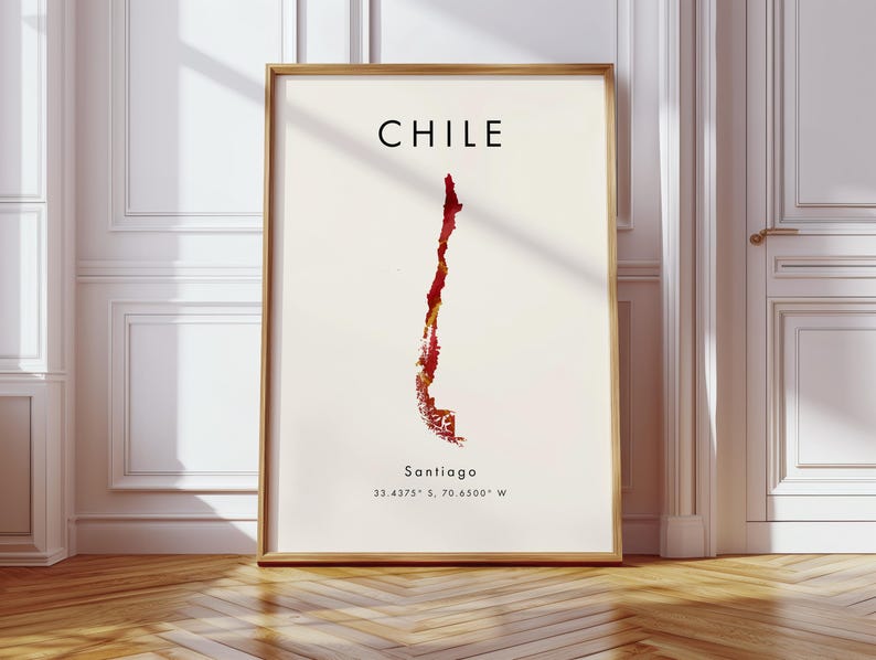 Frame Chile Chile Map PRINTED Poster | Red and Gold | South America | Wall Art ...