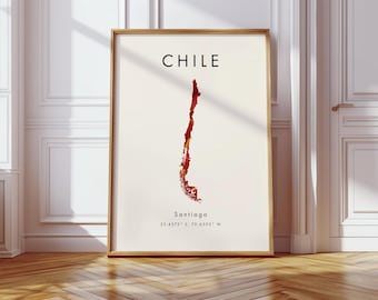 Chile Map DIGITAL Poster | Red and Gold | South America | Wall Art Print | Home Decor | Geography Map Gift | Wallpaper
