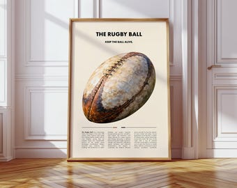 May include: Framed print featuring a detailed illustration of a rugby ball. The artwork includes the text "THE RUGBY BALL" and "KEEP THE BALL ALIVE" at the top. The ball is brown and white, set against a cream background.