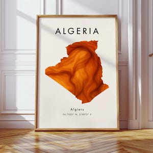 DIGITAL Poster med karta över Algeriet | Orange | Afrika | Väggkonsttryck | Heminredning | Geografikarta Gåva | Tapet