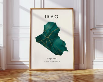 Iraq Map DIGITAL Poster | Green and Gold | Asia | Wall Art Print | Home Decor | Geography Map Gift | Wallpaper