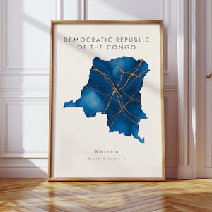Demokratische Republik Kongo Karte DIGITAL Poster | Blau und Gold | Afrika | Wand Kunst Druck | Wohnkultur | Geographie Karte Geschenk | Tapete