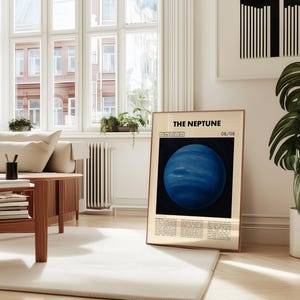 Peut inclure: Une affiche encadr&eacute;e intitul&eacute;e "THE NEPTUNE" repr&eacute;sentant une illustration de plan&egrave;te bleue. L'affiche est expos&eacute;e dans une pi&egrave;ce lumineuse avec un tapis blanc, des meubles en bois et une grande fen&ecirc;tre. Une plante en pot est &agrave; c&ocirc;t&eacute; de l'affiche.