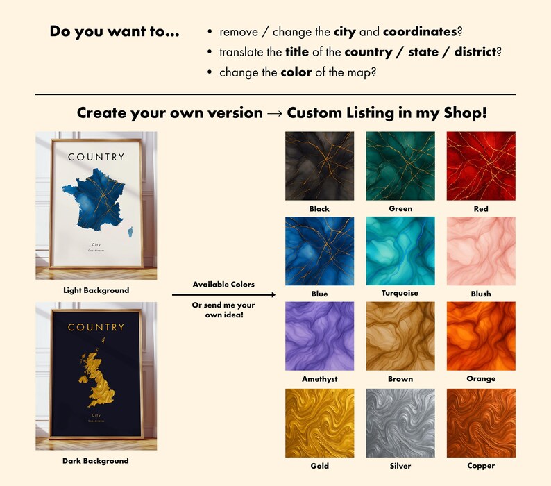 Pu&ograve; includere: Immagine di stampe artistiche di mappe personalizzabili. Le stampe mostrano i contorni dei paesi con dettagli dorati, disponibili su sfondi chiari o scuri. Il testo include "Do you want to..." e "Create your own version &rarr; Custom Listing in my Shop!"